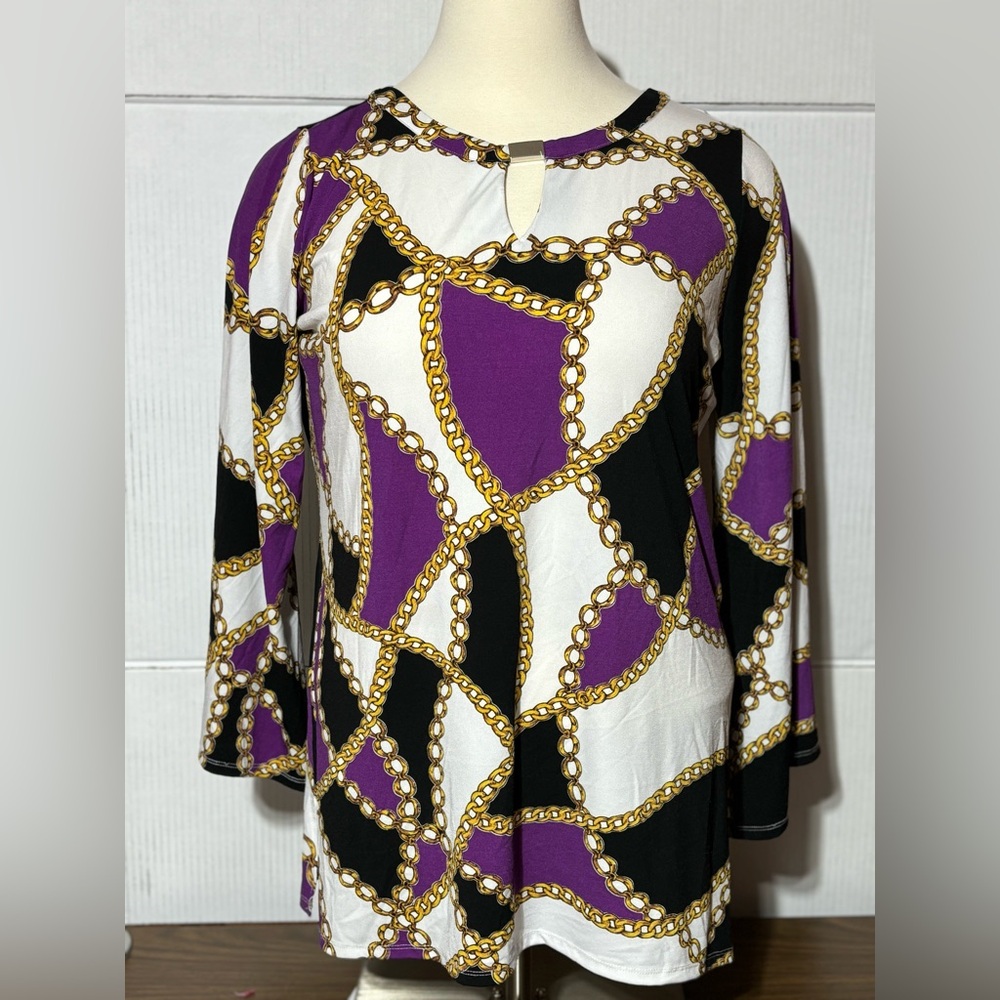 Ashley Stewart 18/20 ladies purple black & gold tunic w/bell sleeves